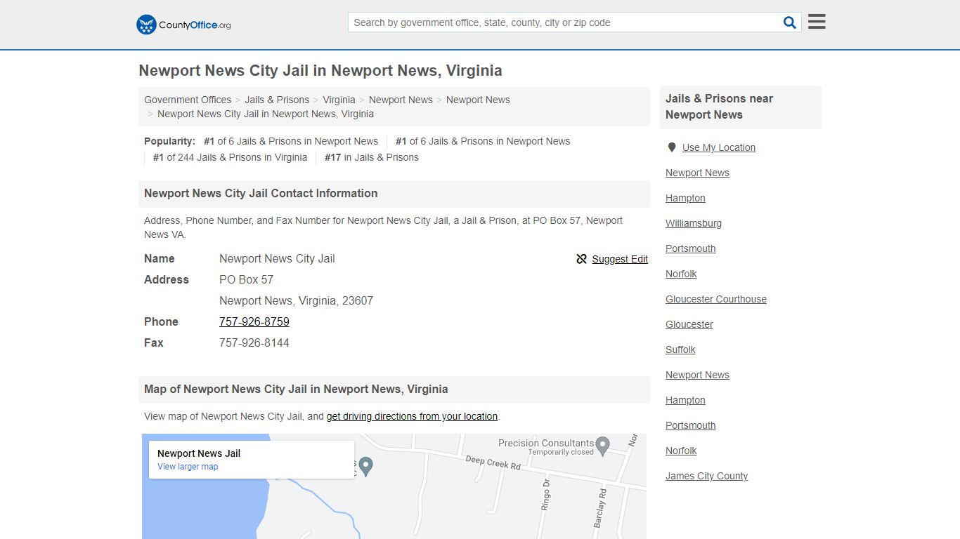 Newport News City Jail in Newport News, Virginia - County Office
